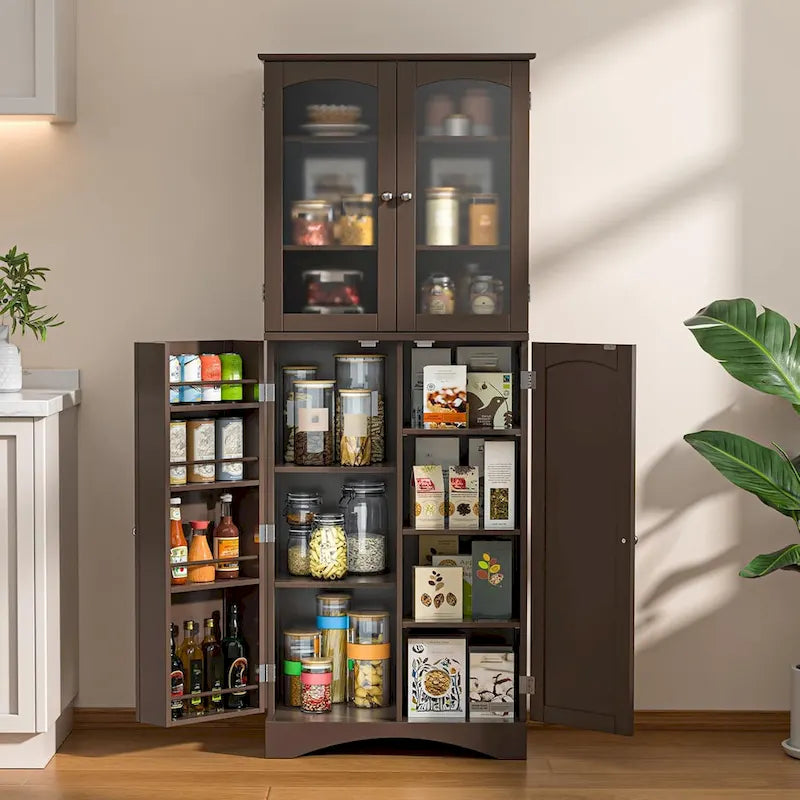 Armoire de cuisine garde-manger 64 po, meuble de rangement haut avec portes vitrées et étagères réglables