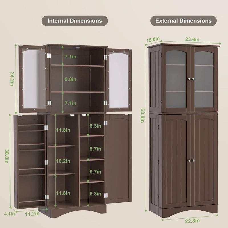 Armoire de cuisine garde-manger 64 po, meuble de rangement haut avec portes vitrées et étagères réglables