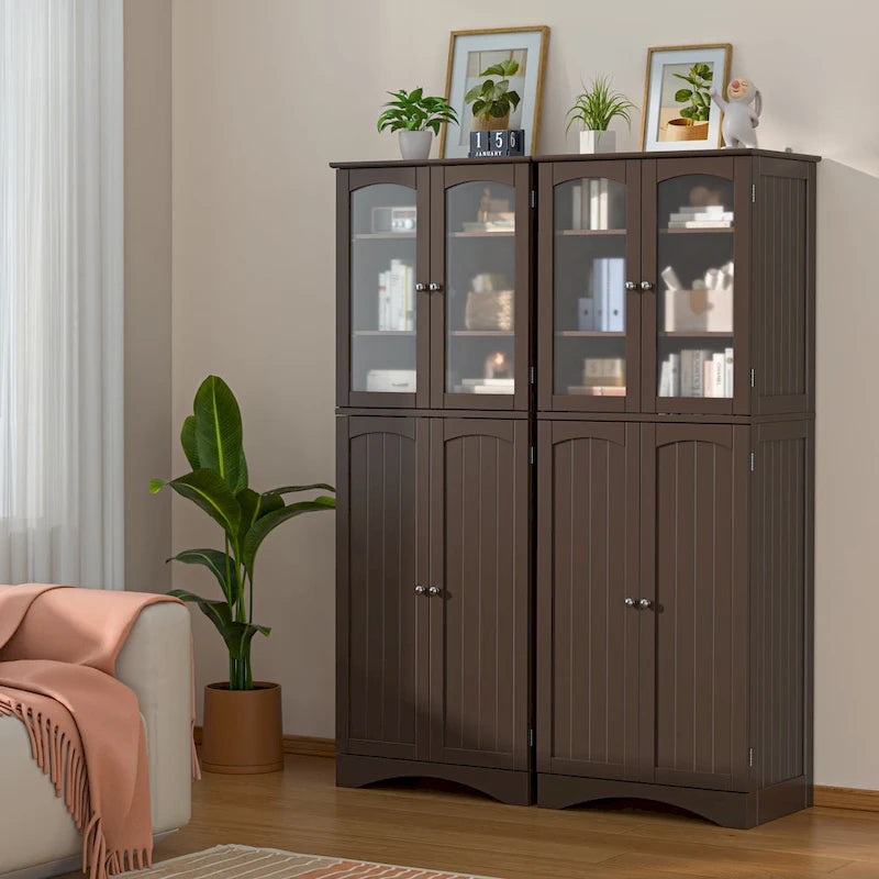 Armoire de cuisine garde-manger 64 po, meuble de rangement haut avec portes vitrées et étagères réglables