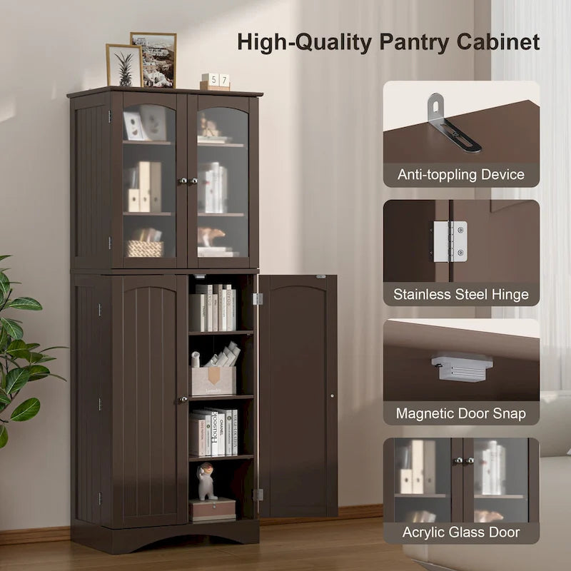 Armoire de cuisine garde-manger 64 po, meuble de rangement haut avec portes vitrées et étagères réglables