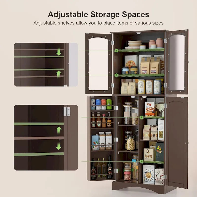 Armoire de cuisine garde-manger 64 po, meuble de rangement haut avec portes vitrées et étagères réglables