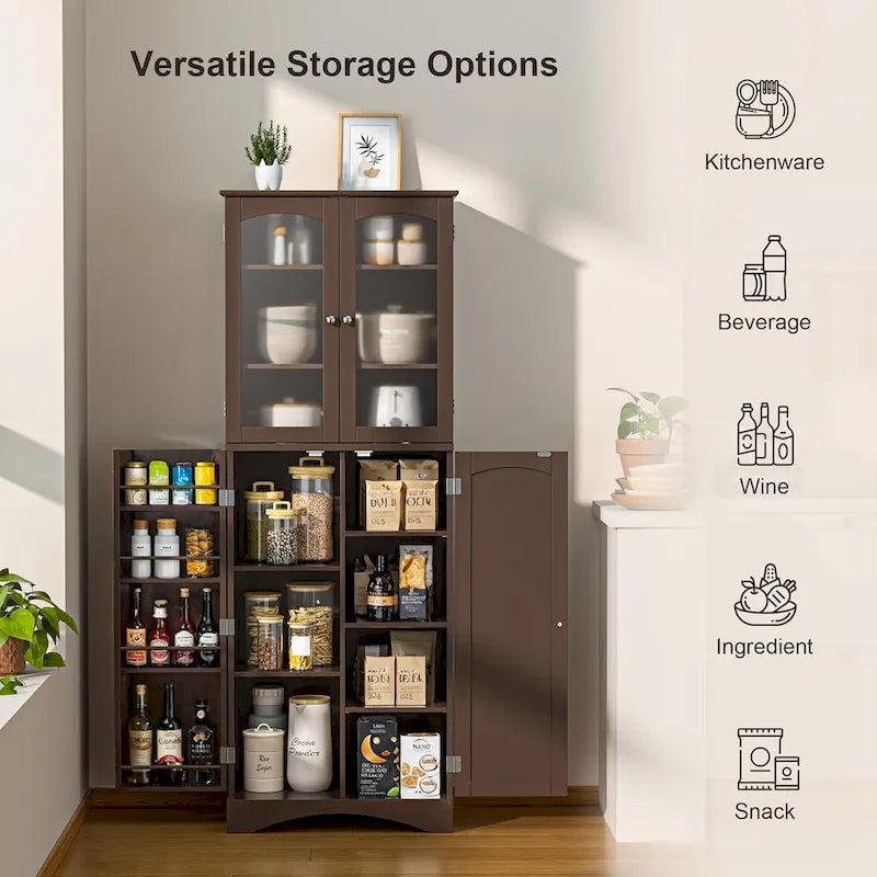 Armoire de cuisine garde-manger 64 po, meuble de rangement haut avec portes vitrées et étagères réglables