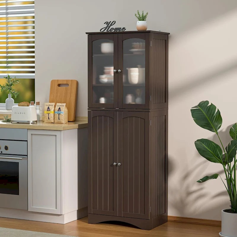 Armoire de cuisine garde-manger 64 po, meuble de rangement haut avec portes vitrées et étagères réglables