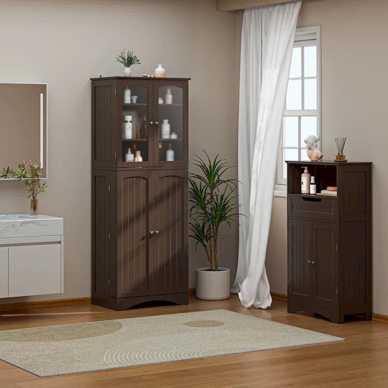 Armoire de cuisine garde-manger 64 po, meuble de rangement haut avec portes vitrées et étagères réglables
