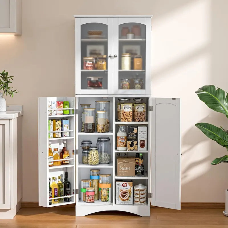 Armoire de cuisine garde-manger 64 po, meuble de rangement haut avec portes vitrées et étagères réglables