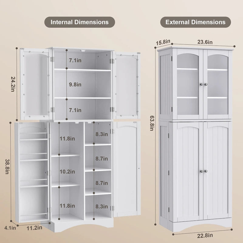 Armoire de cuisine garde-manger 64 po, meuble de rangement haut avec portes vitrées et étagères réglables
