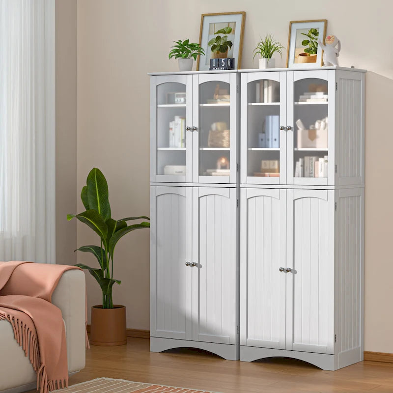 Armoire de cuisine garde-manger 64 po, meuble de rangement haut avec portes vitrées et étagères réglables