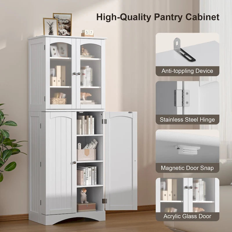 Armoire de cuisine garde-manger 64 po, meuble de rangement haut avec portes vitrées et étagères réglables