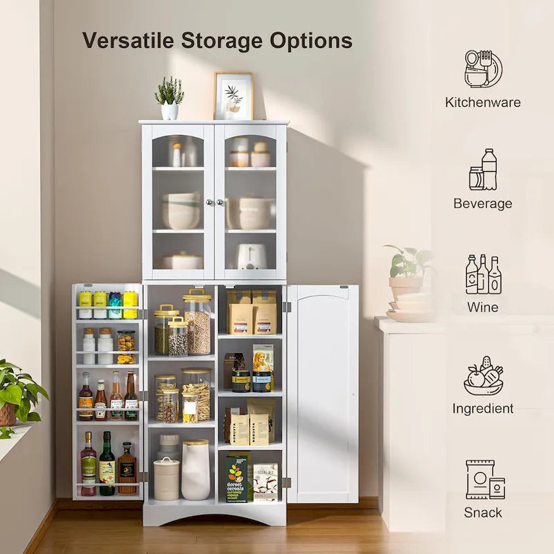 Armoire de cuisine garde-manger 64 po, meuble de rangement haut avec portes vitrées et étagères réglables
