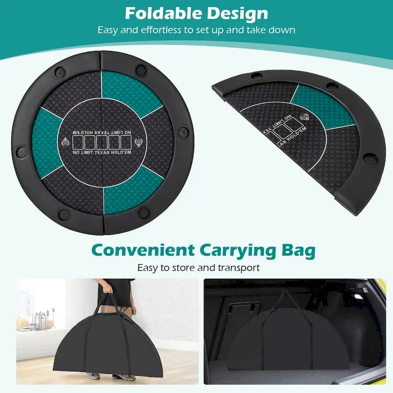 Dessus de table de poker pliable à 6 joueurs de 48 po avec porte-gobelets et sac de transport - Voir détails