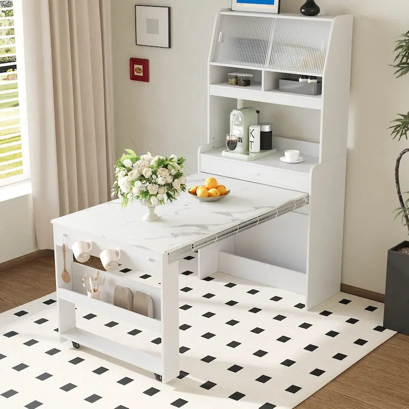 Buffet multifonctionnel avec étagère de rangement, crochets latéraux, vitrine et table à manger pliable