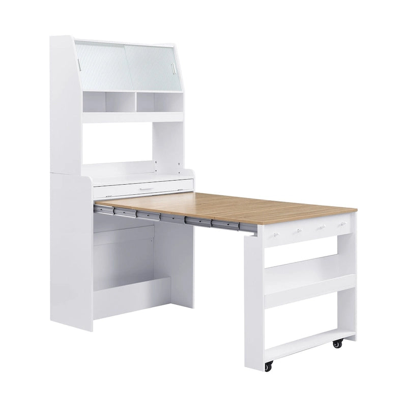Buffet multifonctionnel avec étagère de rangement, crochets latéraux, vitrine et table à manger pliable