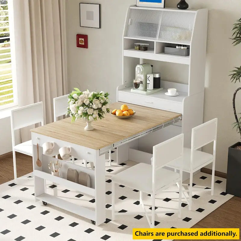 Buffet multifonctionnel avec étagère de rangement, crochets latéraux, vitrine et table à manger pliable