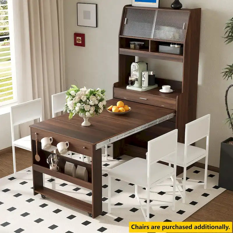 Buffet multifonctionnel avec étagère de rangement, crochets latéraux, vitrine et table à manger pliable