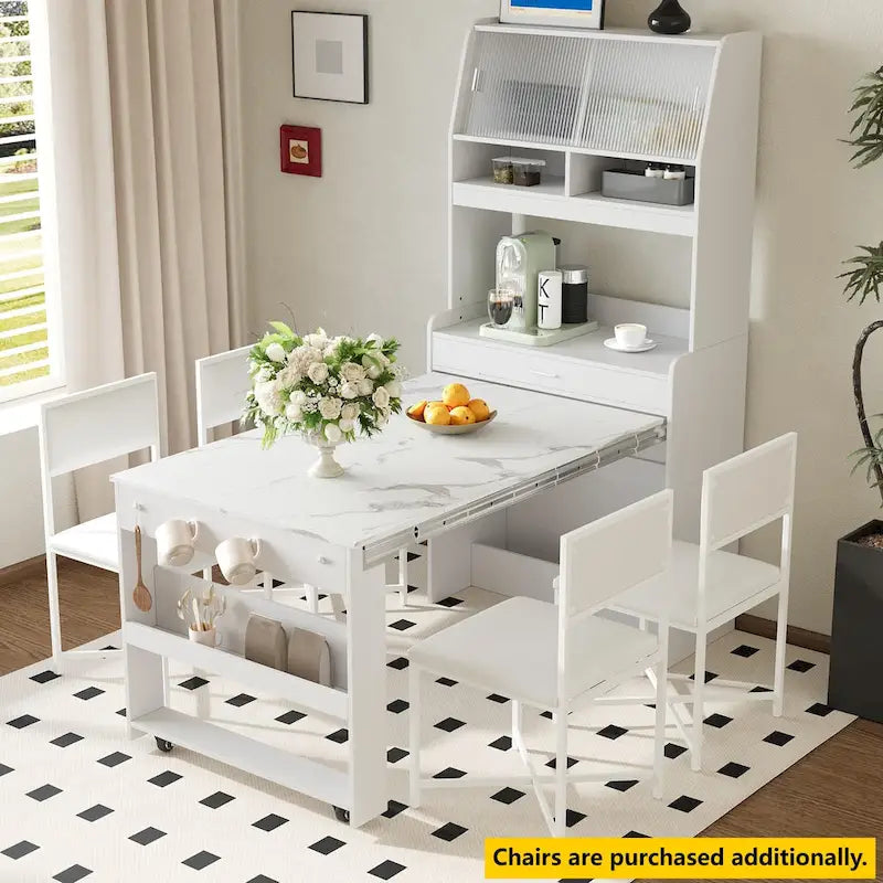 Buffet multifonctionnel avec étagère de rangement, crochets latéraux, vitrine et table à manger pliable