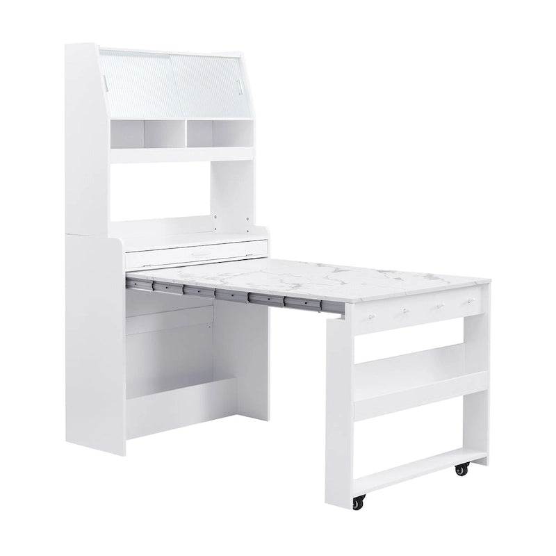 Buffet multifonctionnel avec étagère de rangement, crochets latéraux, vitrine et table à manger pliable