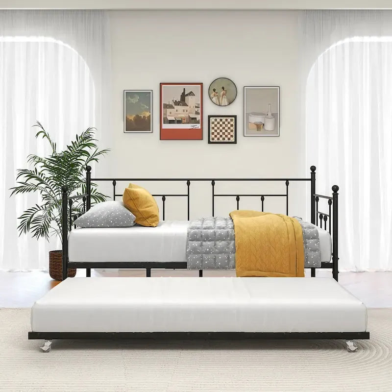 Modern Style Twin Size Metal Daybed with Trundle for Kids or Guest for Bedroom