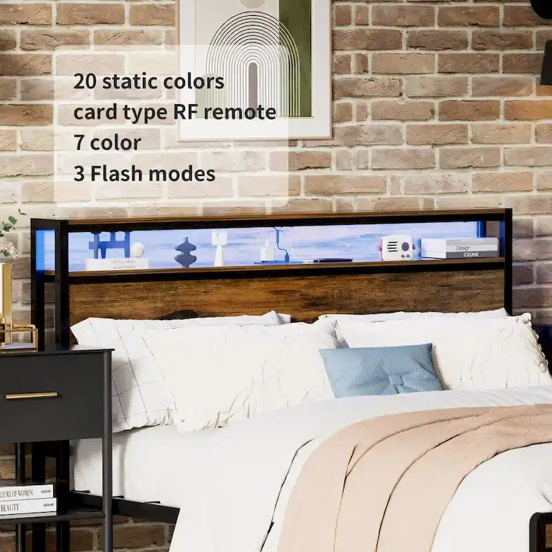 Lit plateforme Queen Size avec tête de lit de rangement et LED