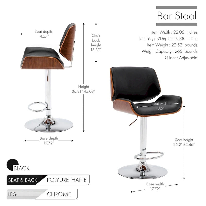 Tabouret de bar réglable en hauteur, revêtement PU, piètement chromé