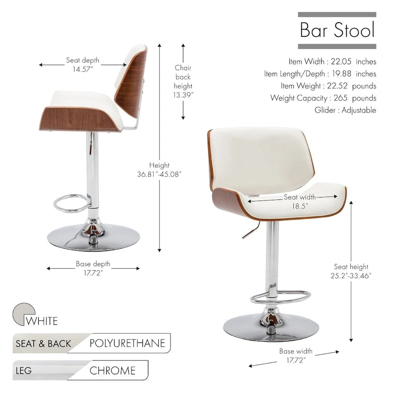 Tabouret de bar réglable en hauteur, revêtement PU, piètement chromé