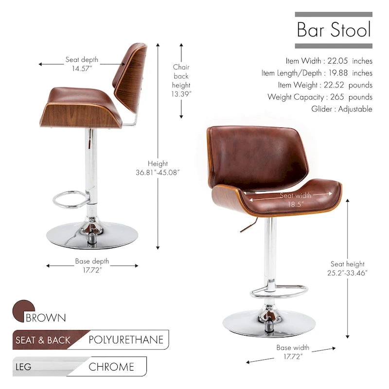 Tabouret de bar réglable en hauteur, revêtement PU, piètement chromé