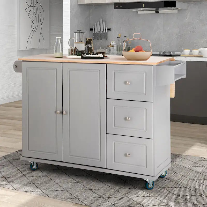 Desserte de cuisine avec abattant et plateau en bois d'hévéa, chariot de cuisine roulant avec placard