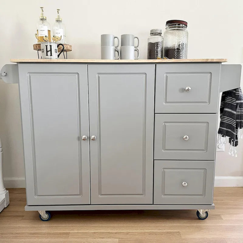 Desserte de cuisine avec abattant et plateau en bois d'hévéa, chariot de cuisine roulant avec placard