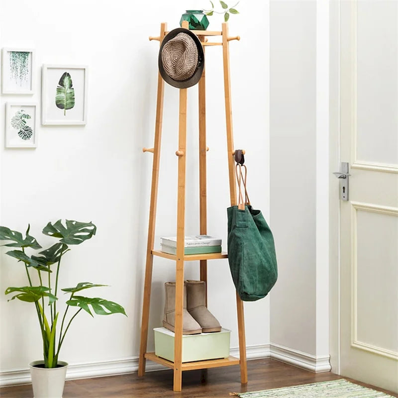 Porte-manteau sur pied en bois massif à 8 crochets - 170h x 40l x 40l