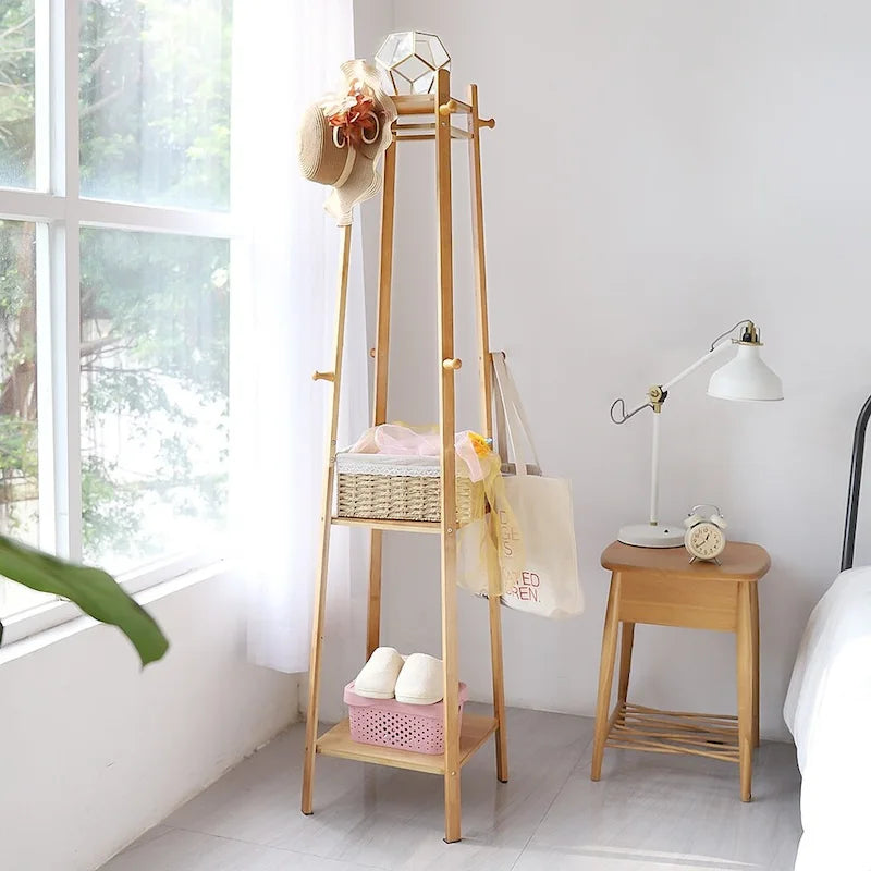 Porte-manteau sur pied en bois massif à 8 crochets - 170h x 40l x 40l