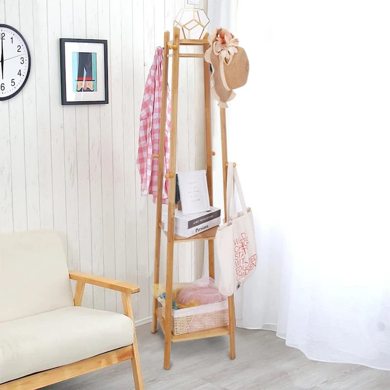 Porte-manteau sur pied en bois massif à 8 crochets - 170h x 40l x 40l