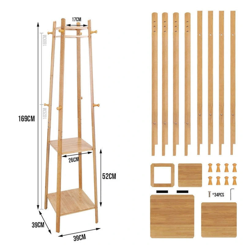 Porte-manteau sur pied en bois massif à 8 crochets - 170h x 40l x 40l