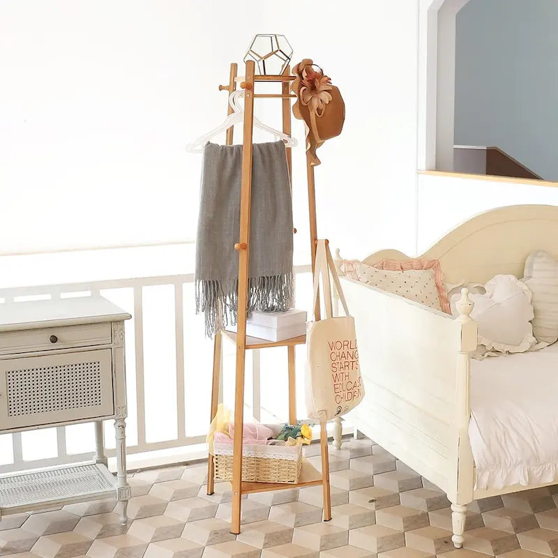 Porte-manteau sur pied en bois massif à 8 crochets - 170h x 40l x 40l