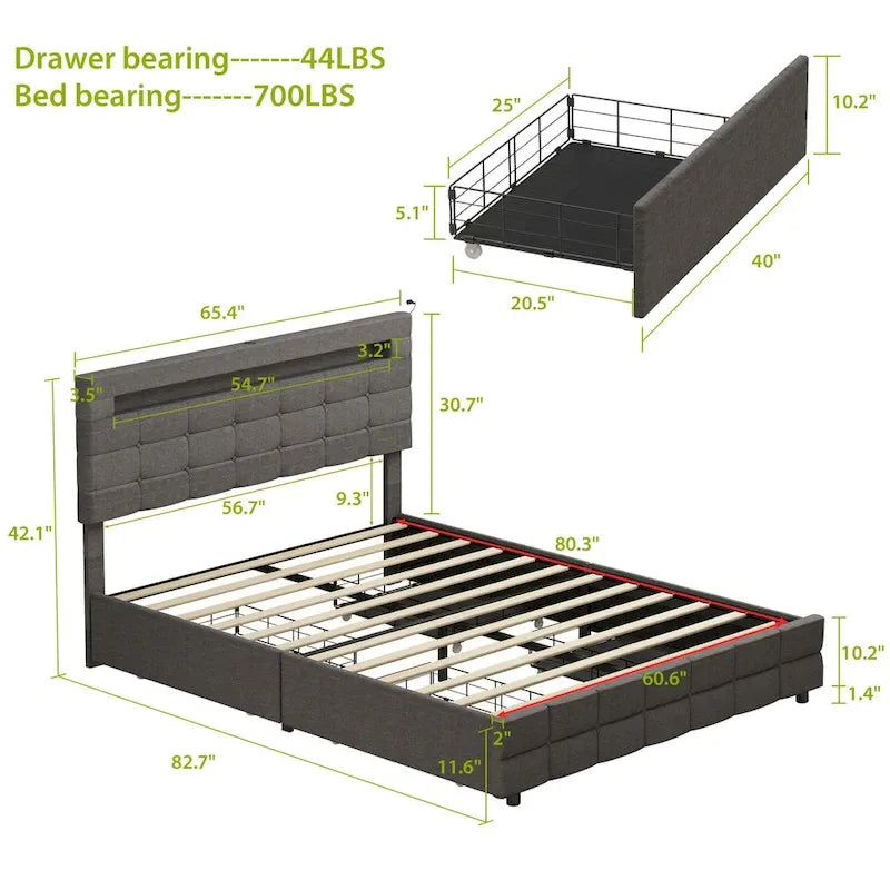 Cadre de lit Queen avec tiroirs, cadre de lit LED avec station de chargement USB