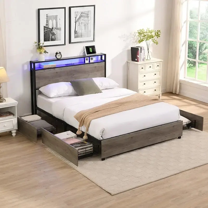 Lit plateforme Queen Size avec tête de lit et 4 tiroirs de rangement