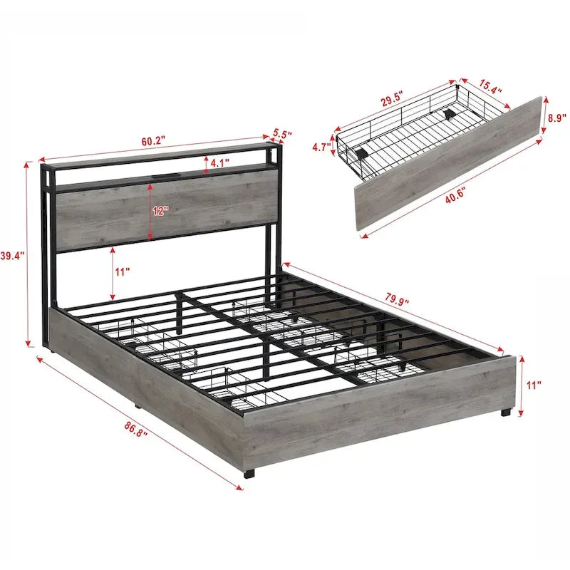 Lit plateforme Queen Size avec tête de lit et 4 tiroirs de rangement