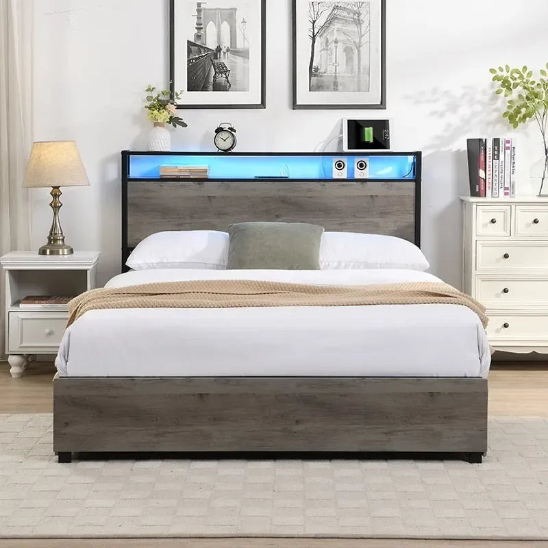 Lit plateforme Queen Size avec tête de lit et 4 tiroirs de rangement
