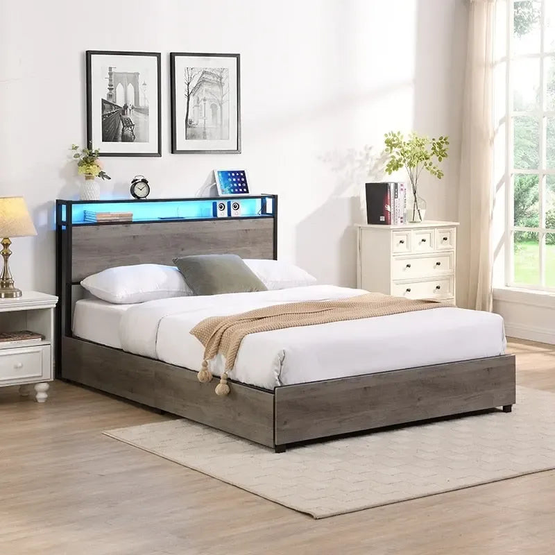 Lit plateforme Queen Size avec tête de lit et 4 tiroirs de rangement