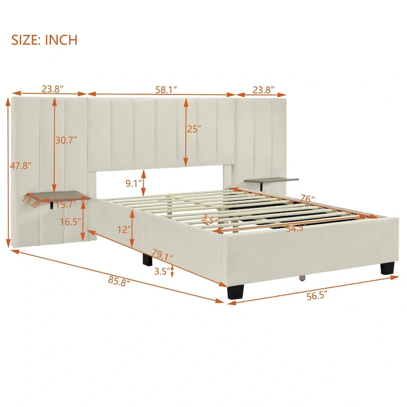 Lit plateforme rembourré pleine grandeur avec grande tête de lit