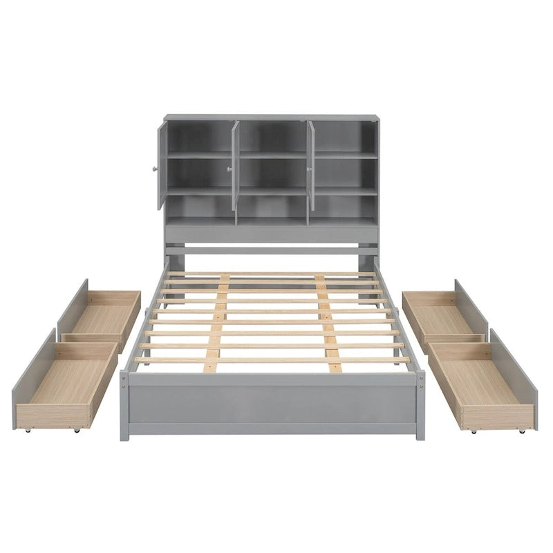 Lit plateforme Queen Size avec tête de lit de rangement et 4 tiroirs