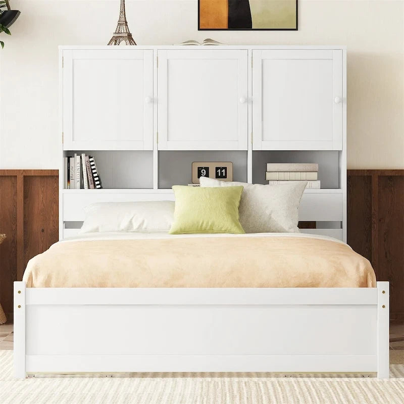 Lit plateforme Queen Size avec tête de lit de rangement et 4 tiroirs