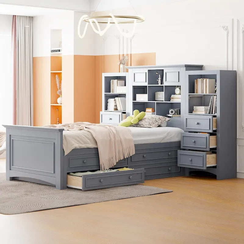 Cadre de lit plateforme en bois double avec armoire verticale tout-en-un et 4 tiroirs de chaque côté