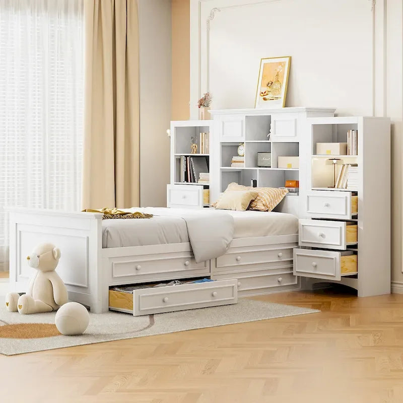 Cadre de lit plateforme en bois double avec armoire verticale tout-en-un et 4 tiroirs de chaque côté