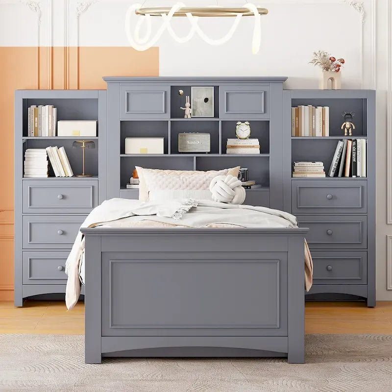 Cadre de lit plateforme en bois double avec armoire verticale tout-en-un et 4 tiroirs de chaque côté