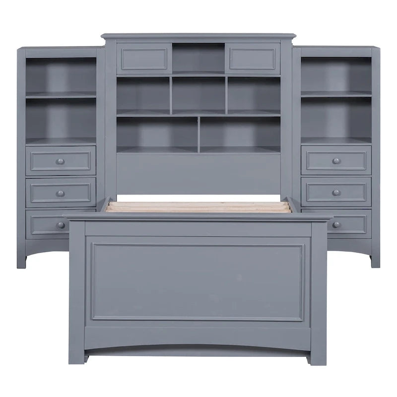Cadre de lit plateforme en bois double avec armoire verticale tout-en-un et 4 tiroirs de chaque côté