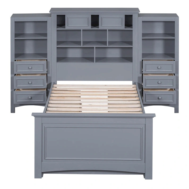 Cadre de lit plateforme en bois double avec armoire verticale tout-en-un et 4 tiroirs de chaque côté