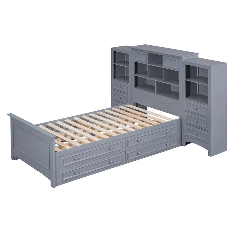 Cadre de lit plateforme en bois double avec armoire verticale tout-en-un et 4 tiroirs de chaque côté
