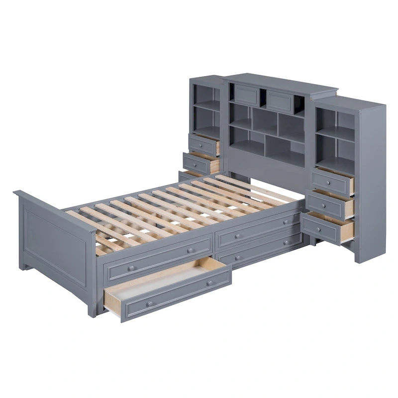Cadre de lit plateforme en bois double avec armoire verticale tout-en-un et 4 tiroirs de chaque côté