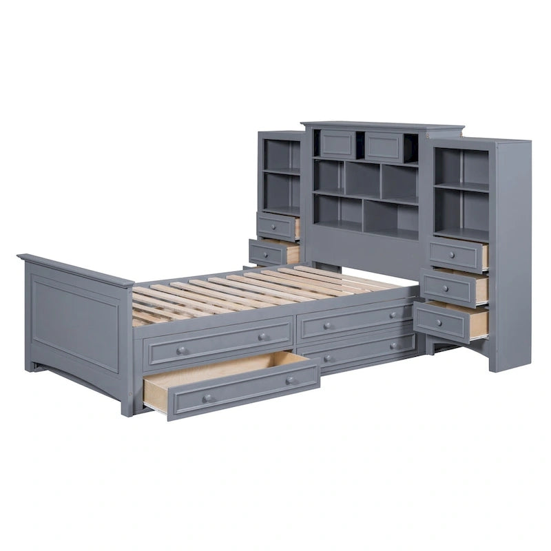 Cadre de lit plateforme en bois double avec armoire verticale tout-en-un et 4 tiroirs de chaque côté