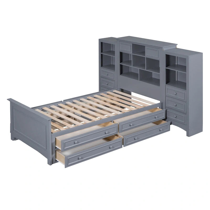 Cadre de lit plateforme en bois double avec armoire verticale tout-en-un et 4 tiroirs de chaque côté