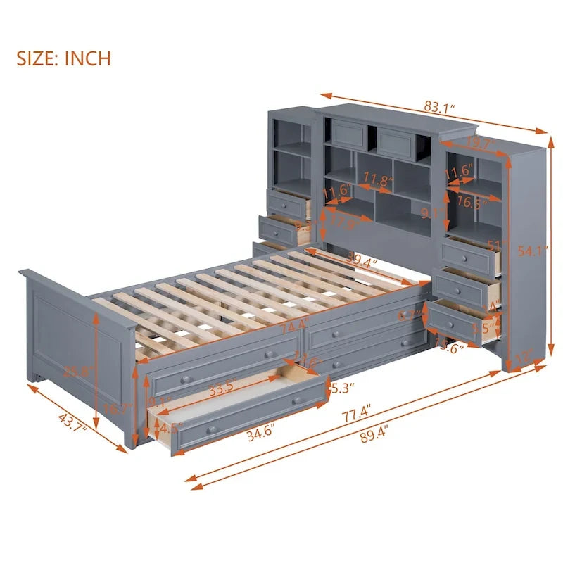 Cadre de lit plateforme en bois double avec armoire verticale tout-en-un et 4 tiroirs de chaque côté